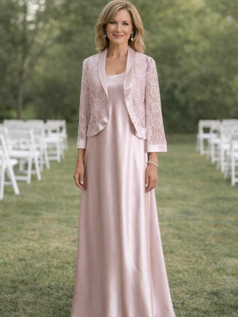 Formal blush pink full length dress with lace crochet bolero